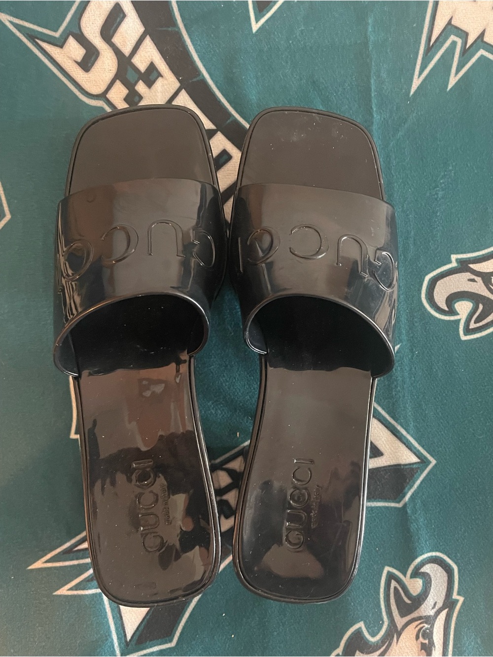 Gucci Black Patent look Plastic Slide Sandals with Embossed Logo